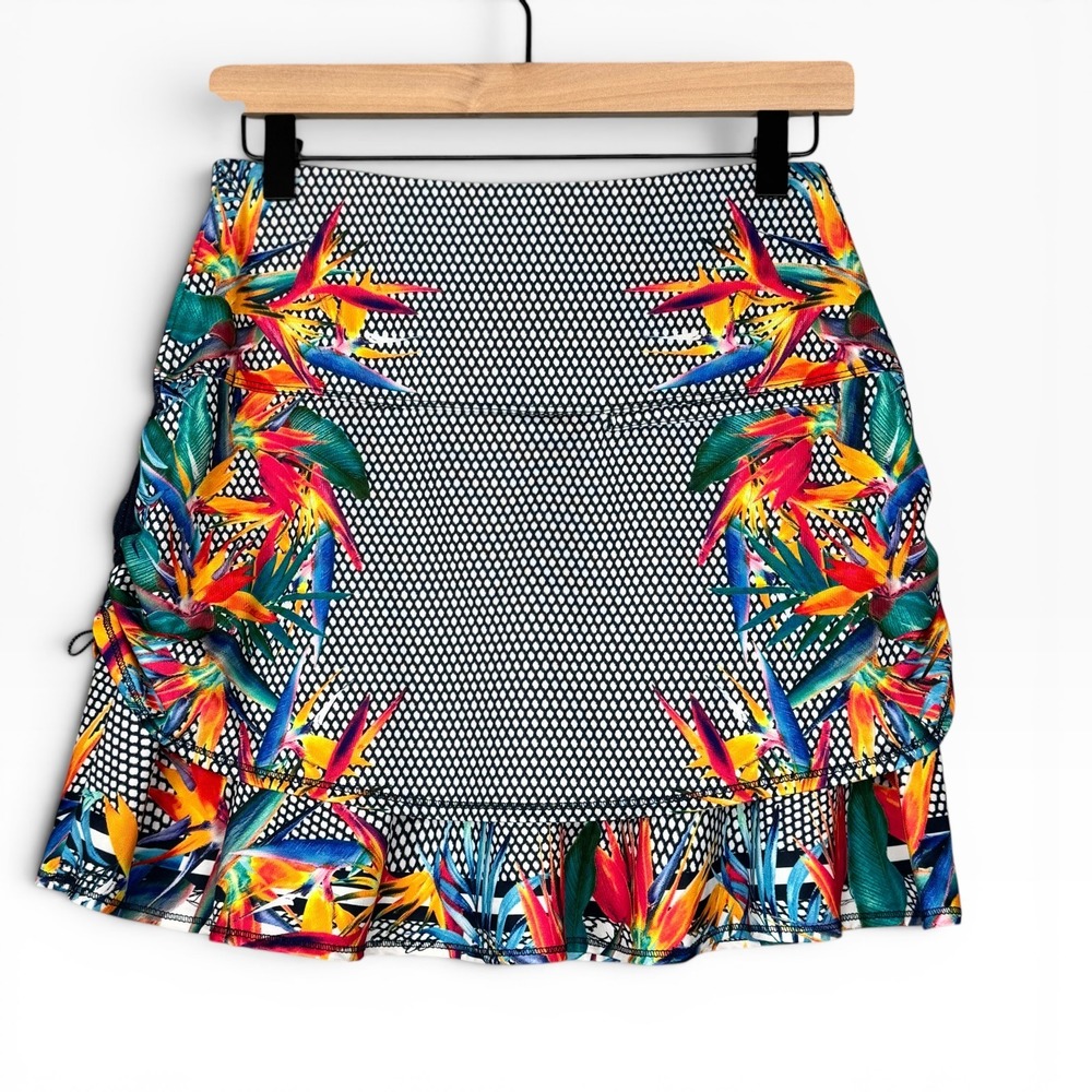 Lucky in Love Copa Ruched Tennis Skort Small Multicolor Floral Bird of‎ Paradise
